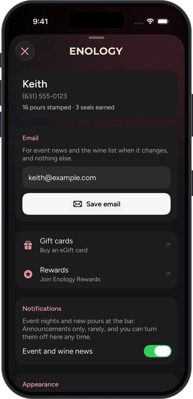The account screen with email, gift cards, rewards and notifications