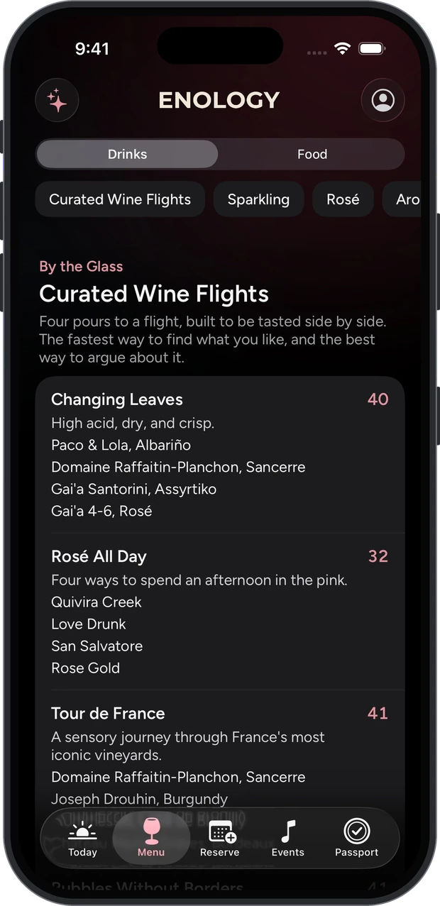 The menu screen with Drinks selected and the Curated Wine Flights section