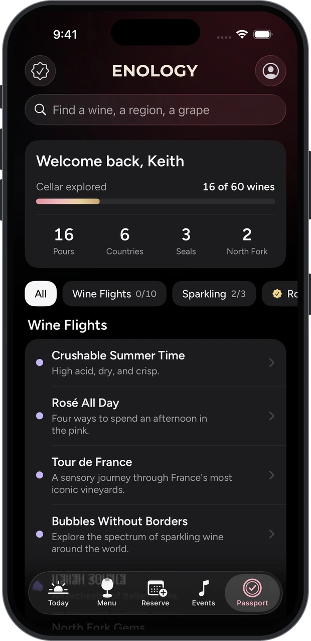 The passport: 16 pours, 6 countries and 3 seals, with the wine flights list