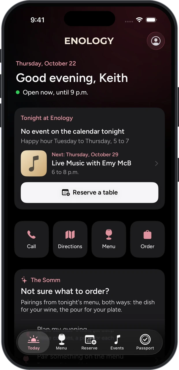 The Today screen: open now until 9 p.m., the next live music night and a Reserve a table button