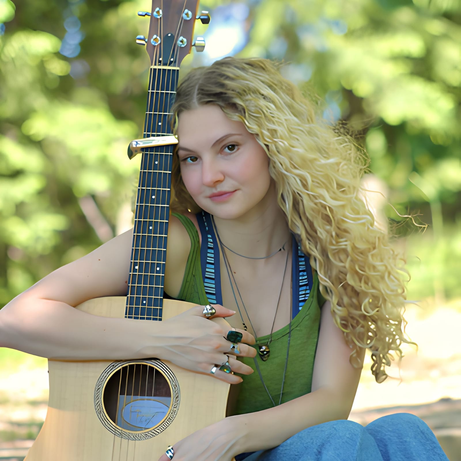 Eva Erickson holding an acoustic guitar outdoors