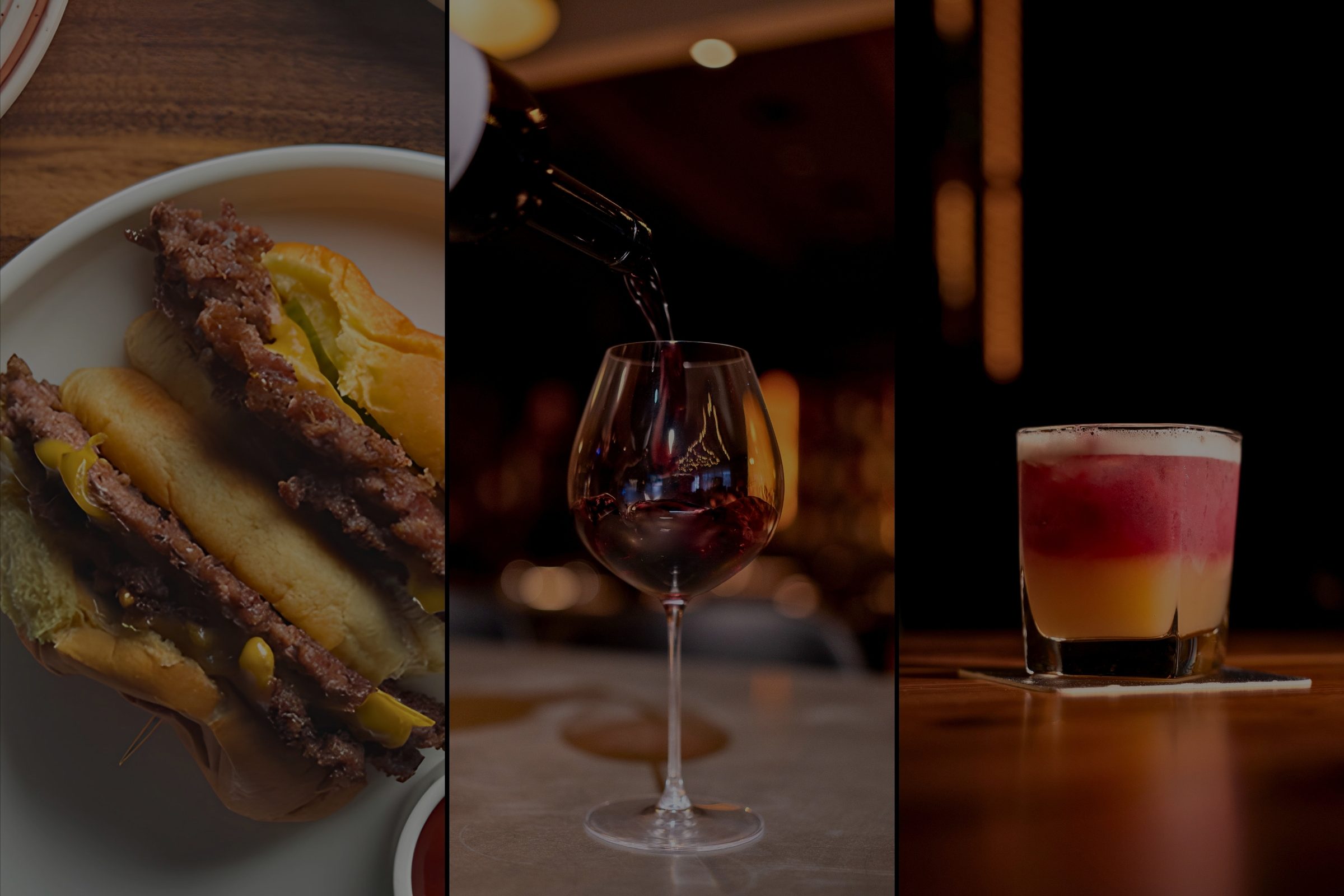 A Happy Hour smash burger, a pour of red wine, and a cocktail at Enology Wine Bar and Bistro