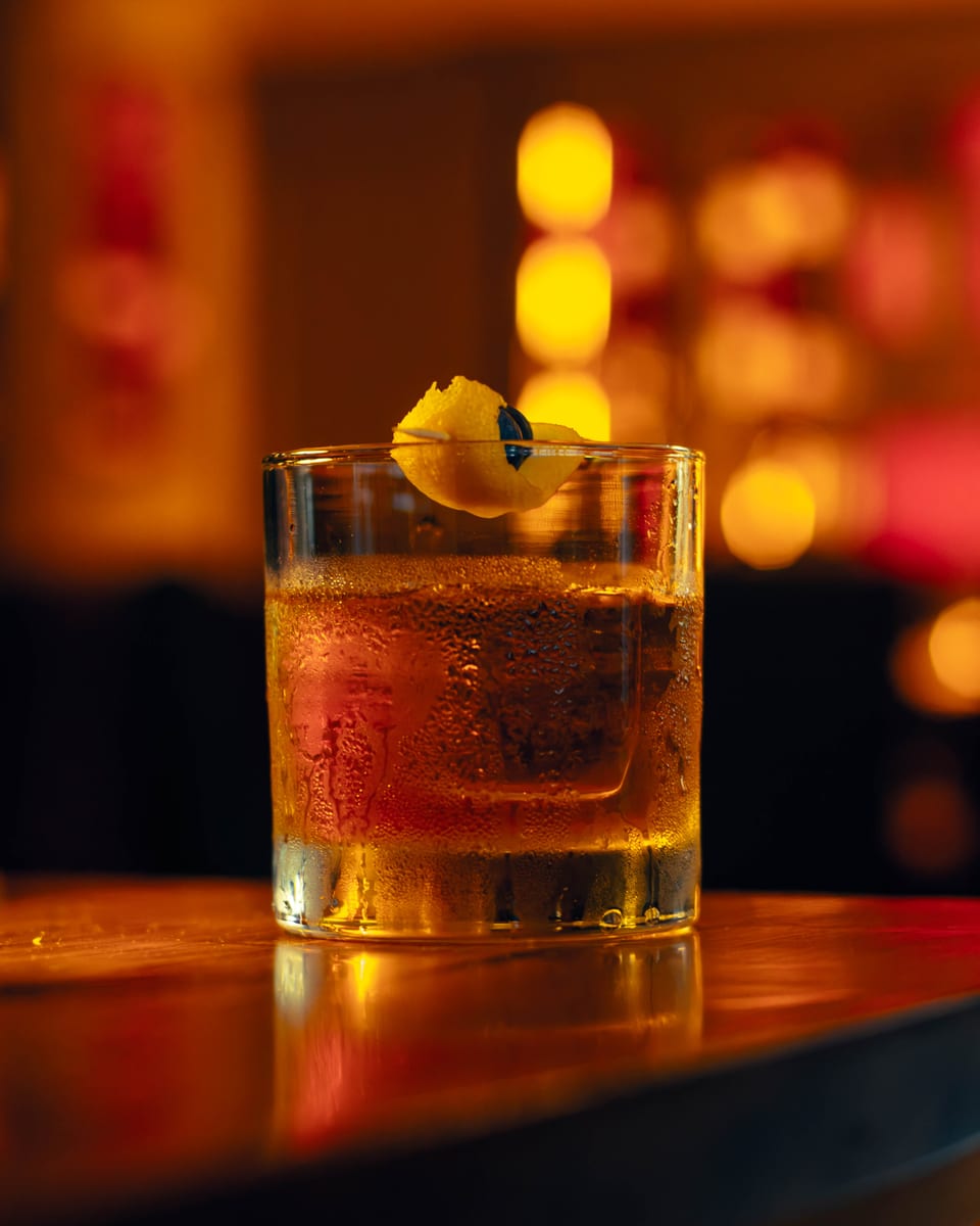 A spirit-forward cocktail over a single large cube, finished with an orange twist