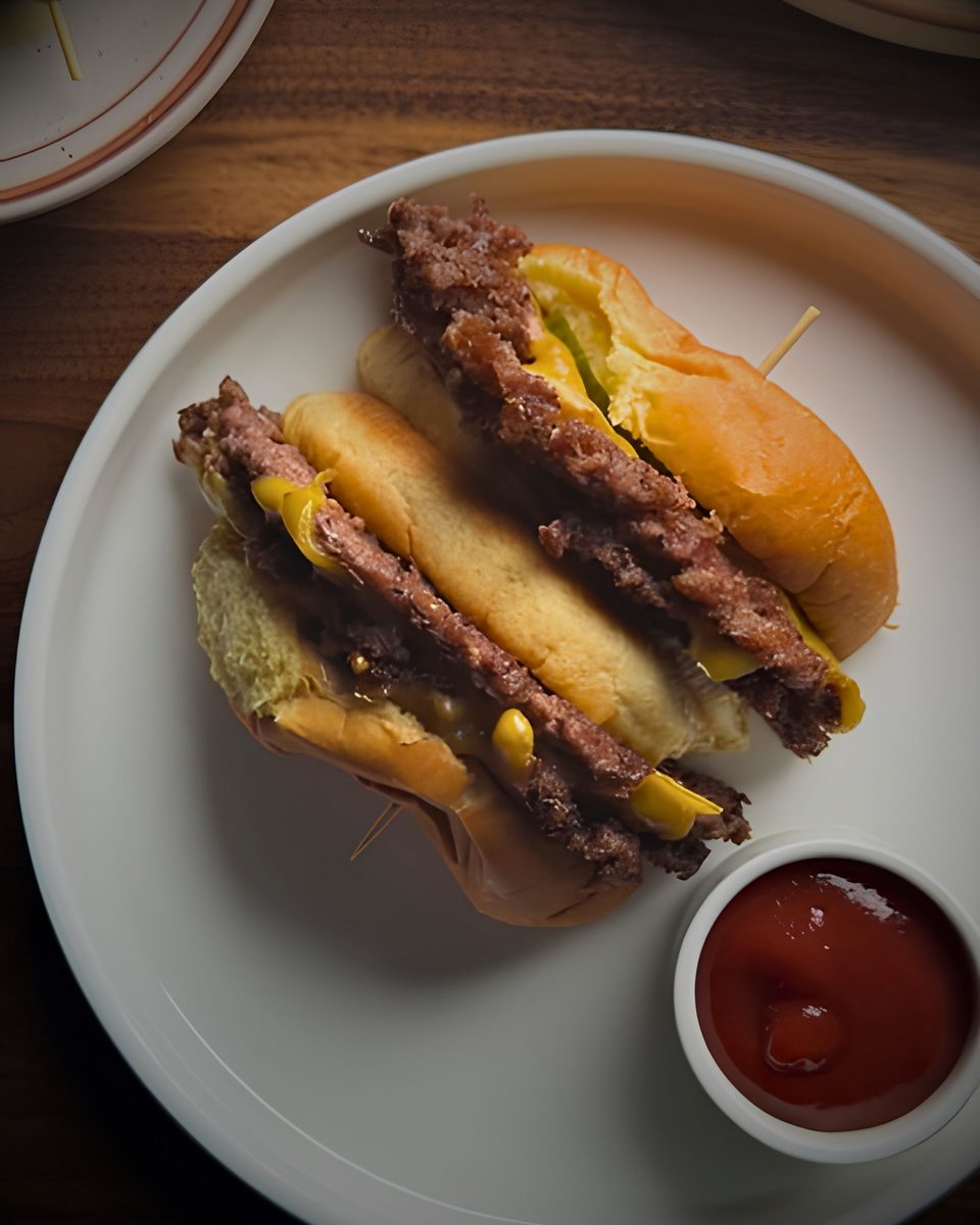 A double smash burger with cheese and pickles on a toasted bun
